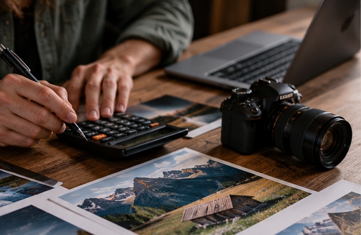 Contact sheets and an invoice on a desk