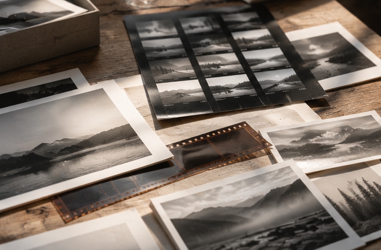 Photographer's desk with contact sheets